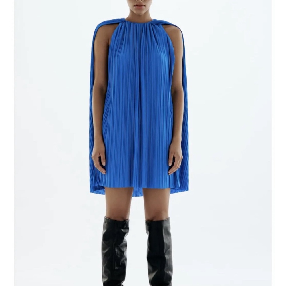GORGEOUS ZARA BLUE CAPE DRESS, NEW WITH TAGS, SIZE S